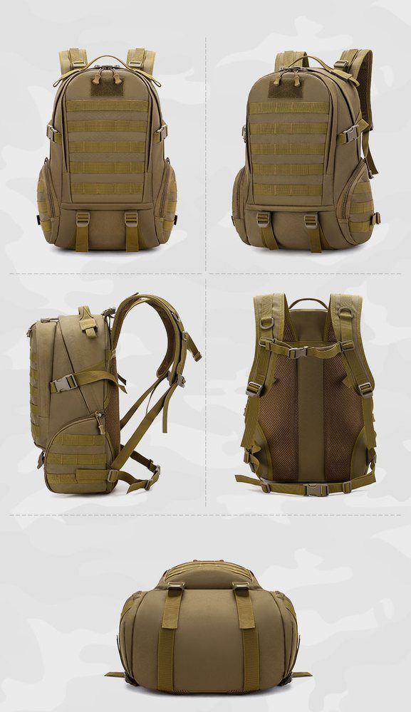 Tactical backpack construction - front, back, side, strap and base views